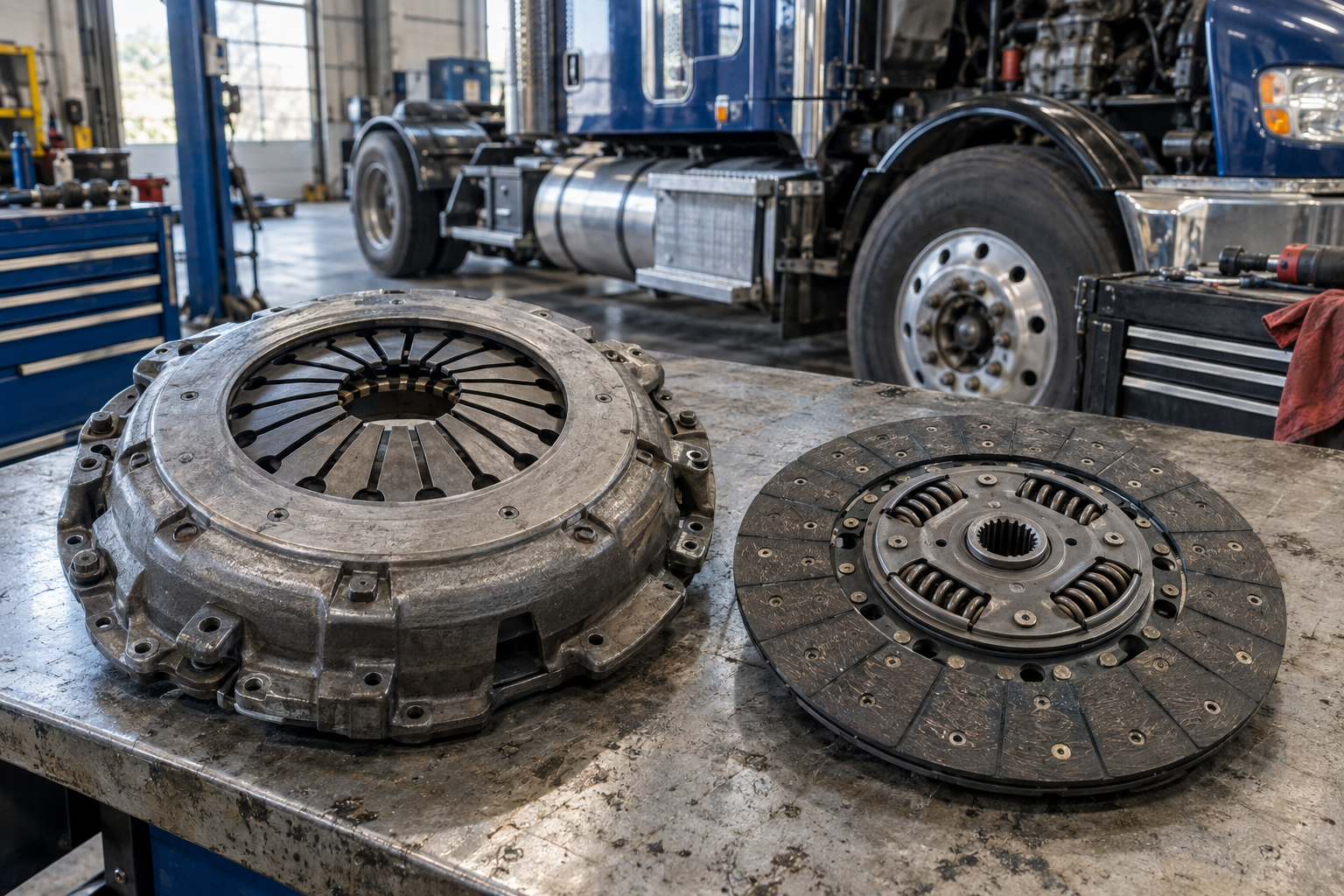 Illustrative heavy-duty truck clutch assembly during repair