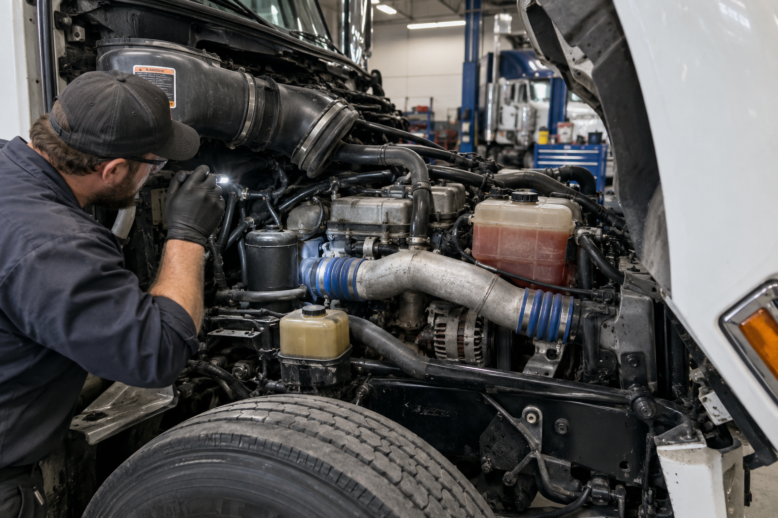 Illustrative heavy-duty diesel engine inspection in a workshop