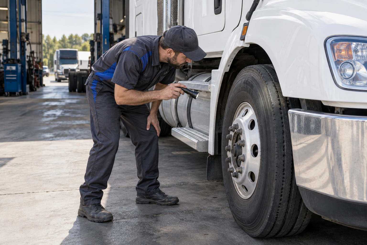 Illustrative technician performing a semi truck walk-around inspection