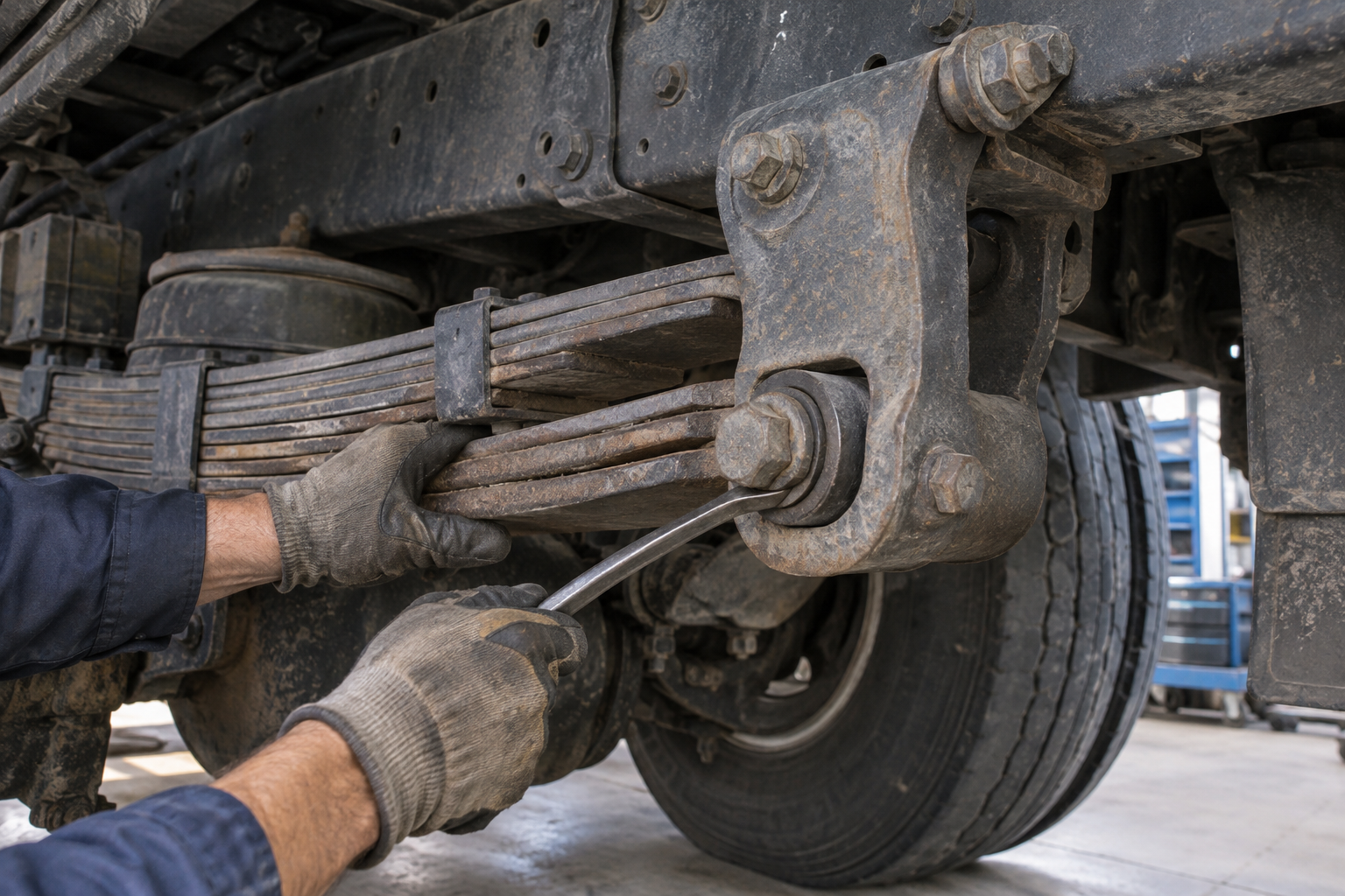 Illustrative leaf spring and bushing inspection under a semi truck